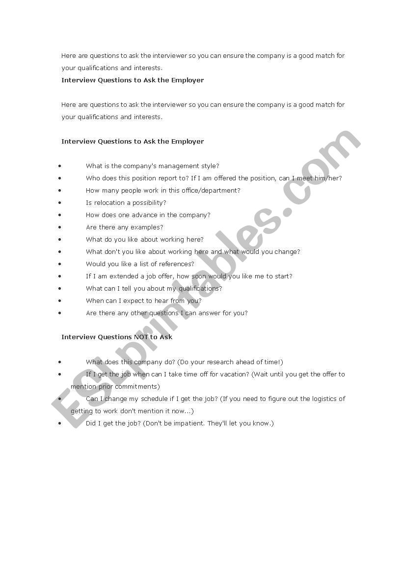 the question of interview  worksheet