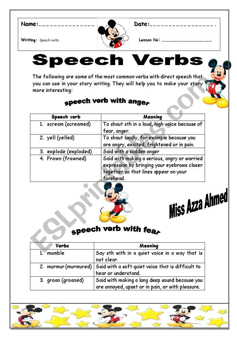 Speech verbs worksheet