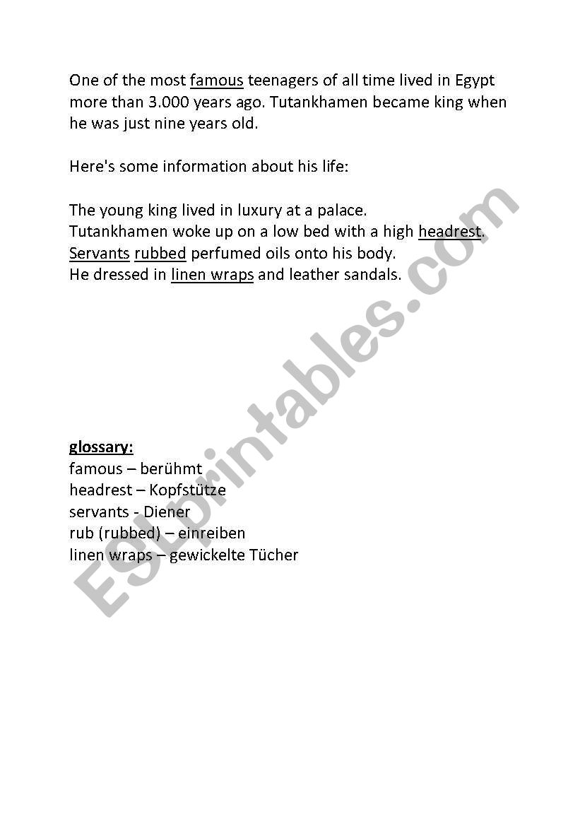 Info cards on Tutanchhamen worksheet