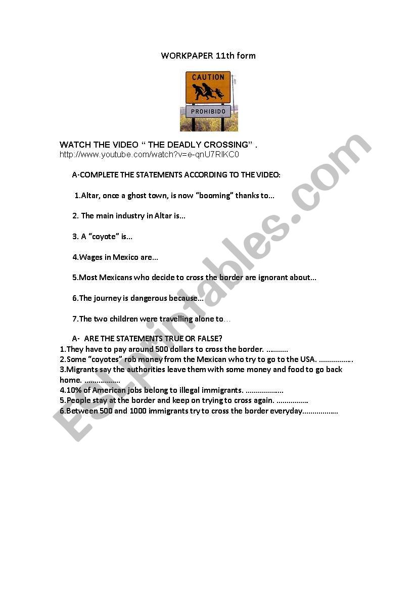 Deadly Crossing worksheet