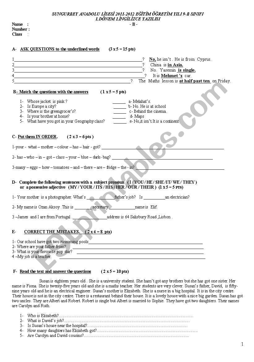 9th grade exam worksheet