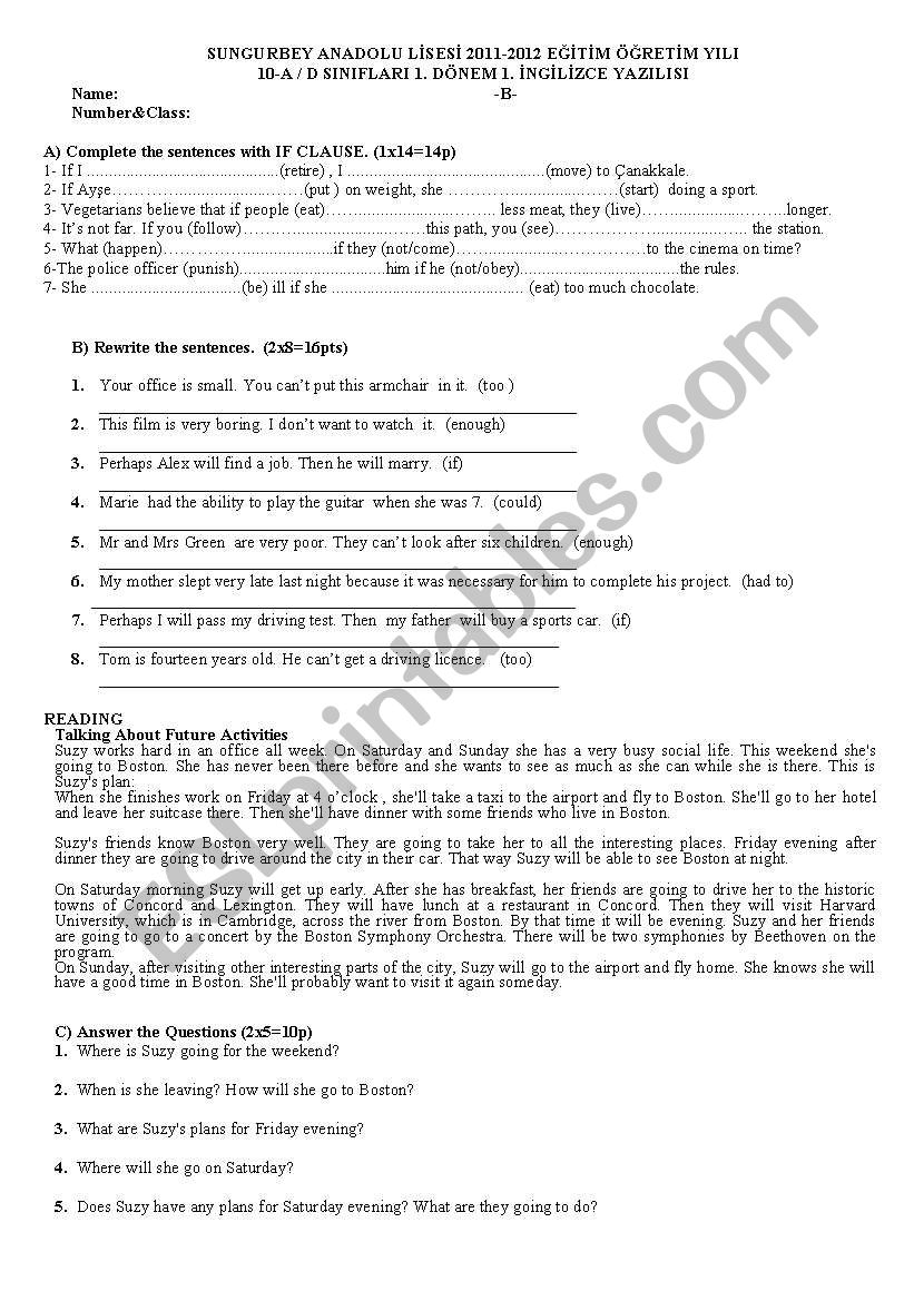 10th grade exam worksheet