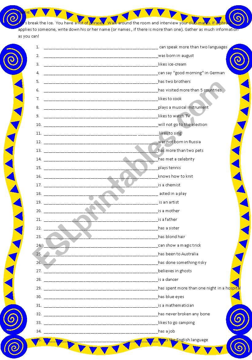 Braking the ice game worksheet