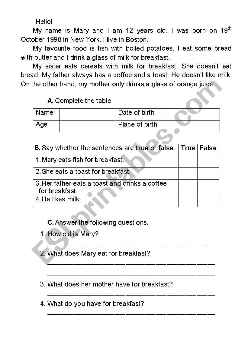 Breakfast worksheet
