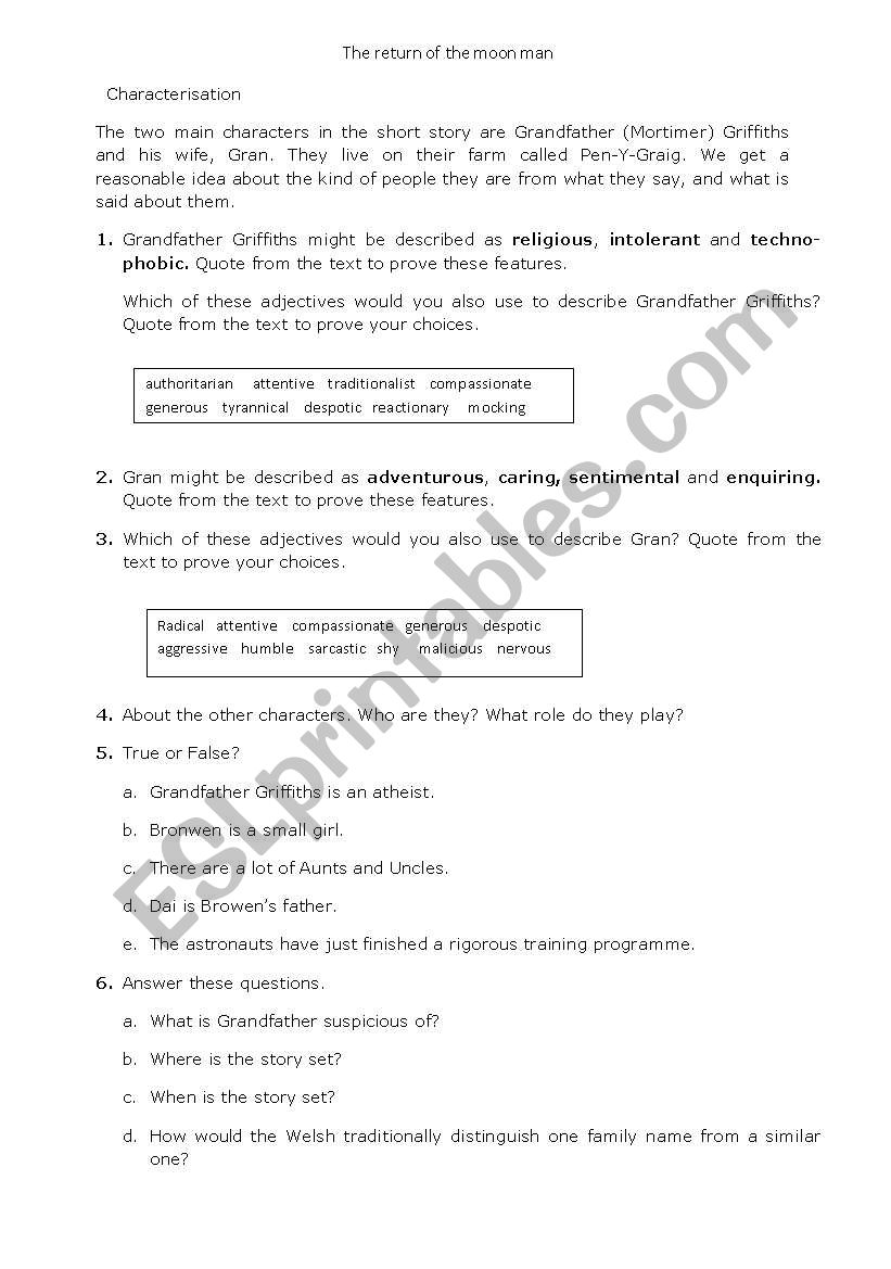 worksheet - the return of the moon man