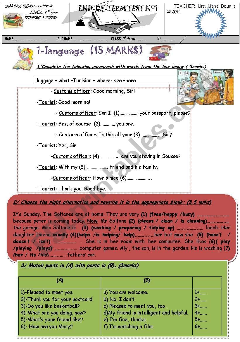 END OF TERM TEST FOR 7TH FORM worksheet