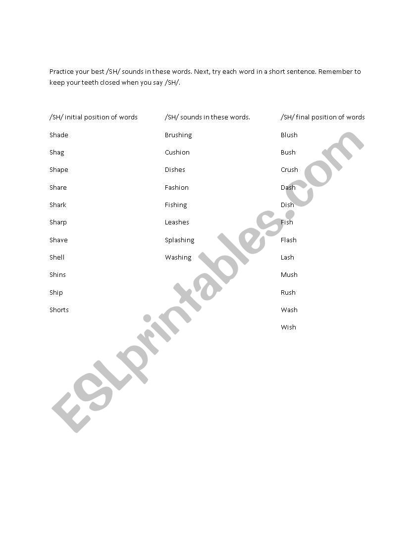 SH words worksheet