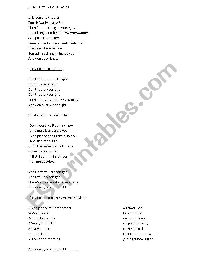 Dont Cry-Guns NRoses worksheet