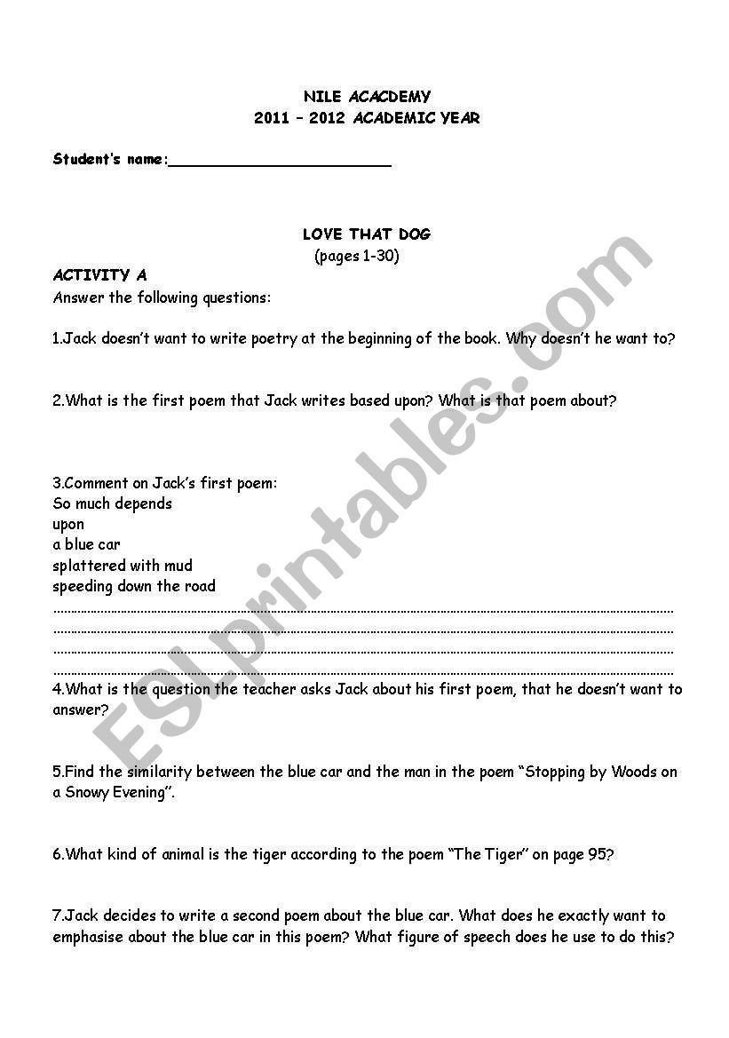 Love that Dog worksheet