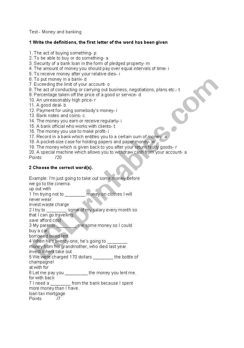 test - money and banking worksheet