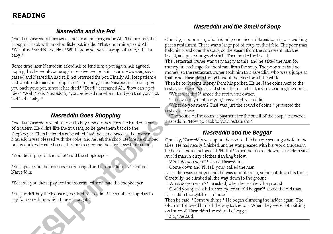 Nasreddin Hodja Tale worksheet