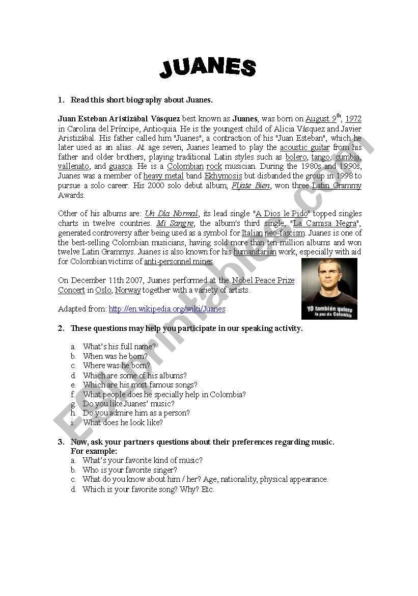 JUANES BIOGRAPHY worksheet