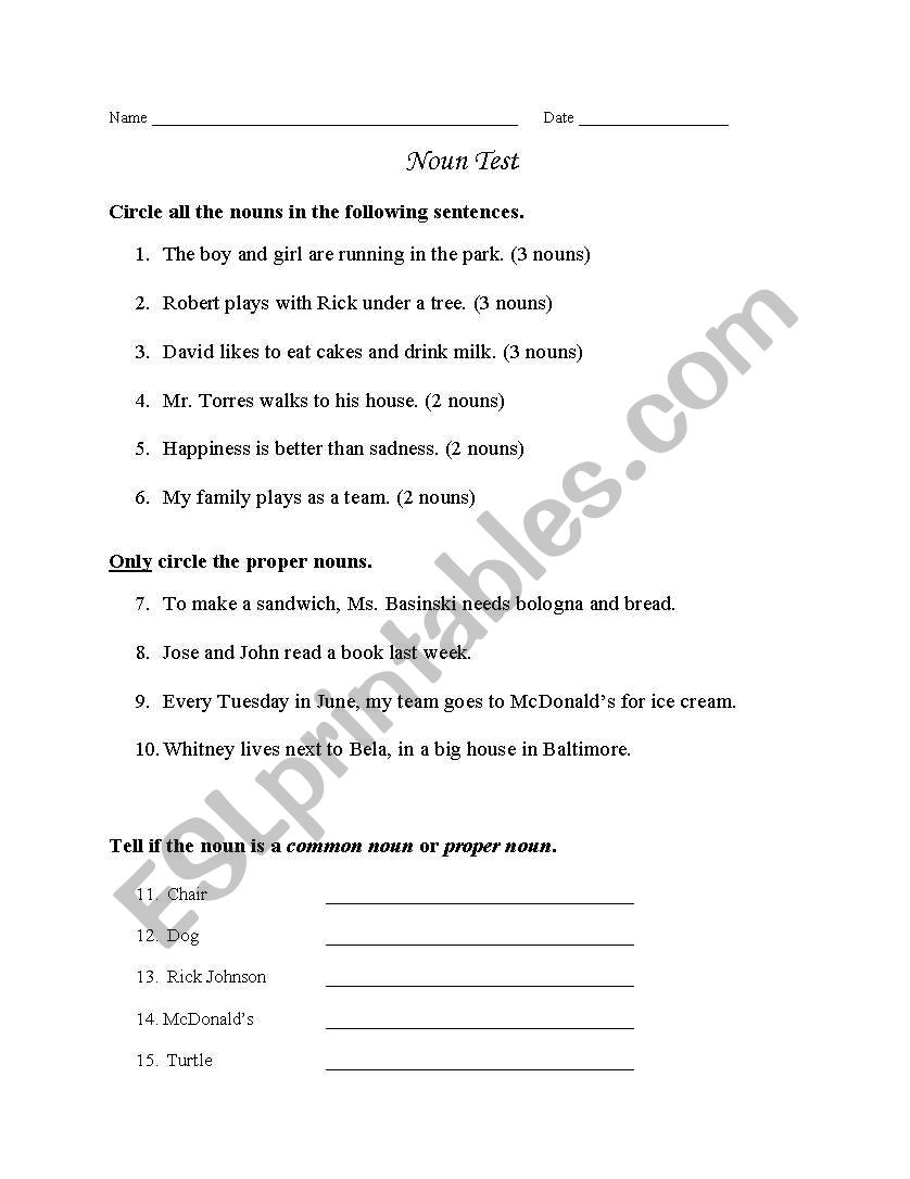 Noun Test worksheet