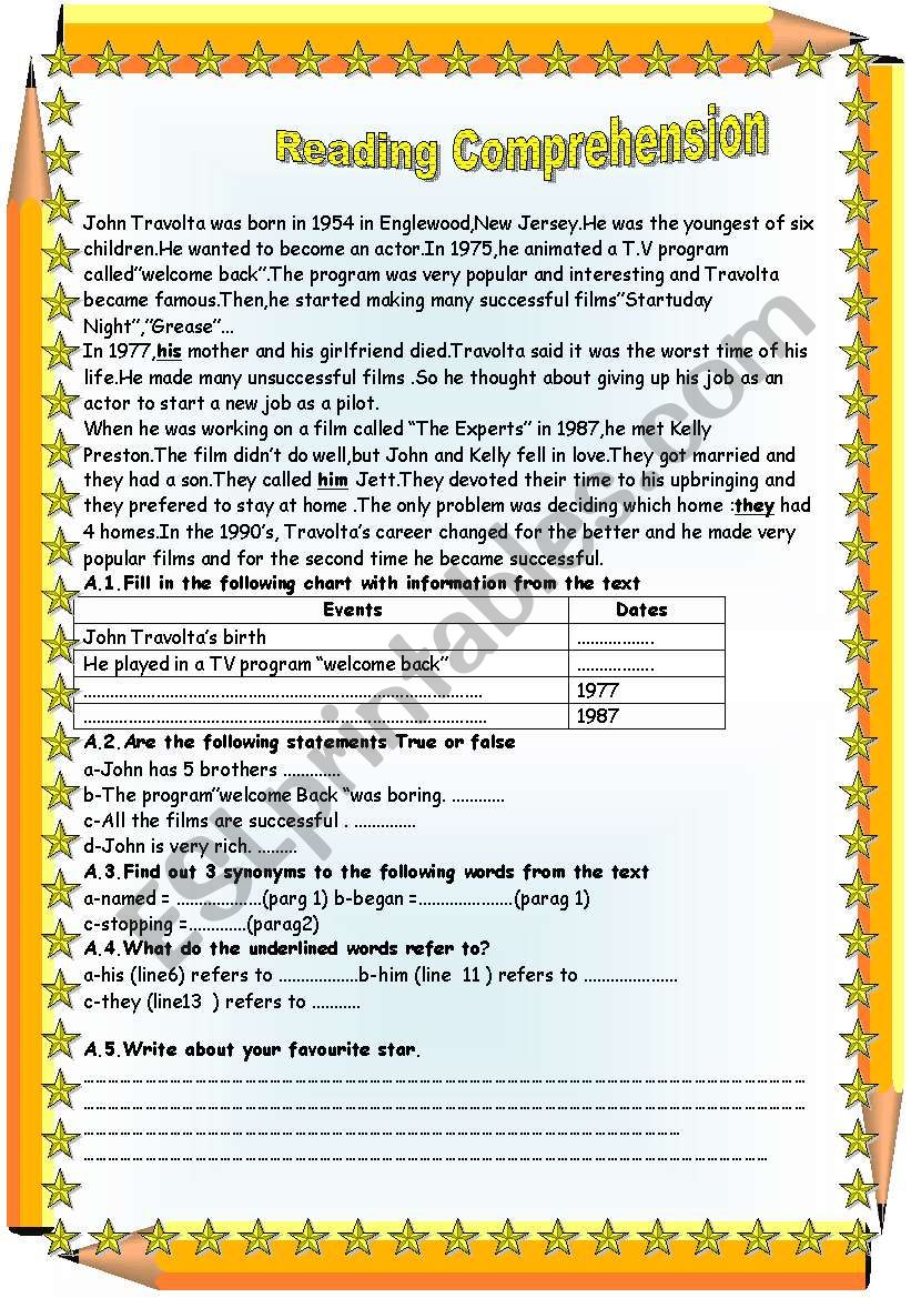 John Travolta Biography worksheet