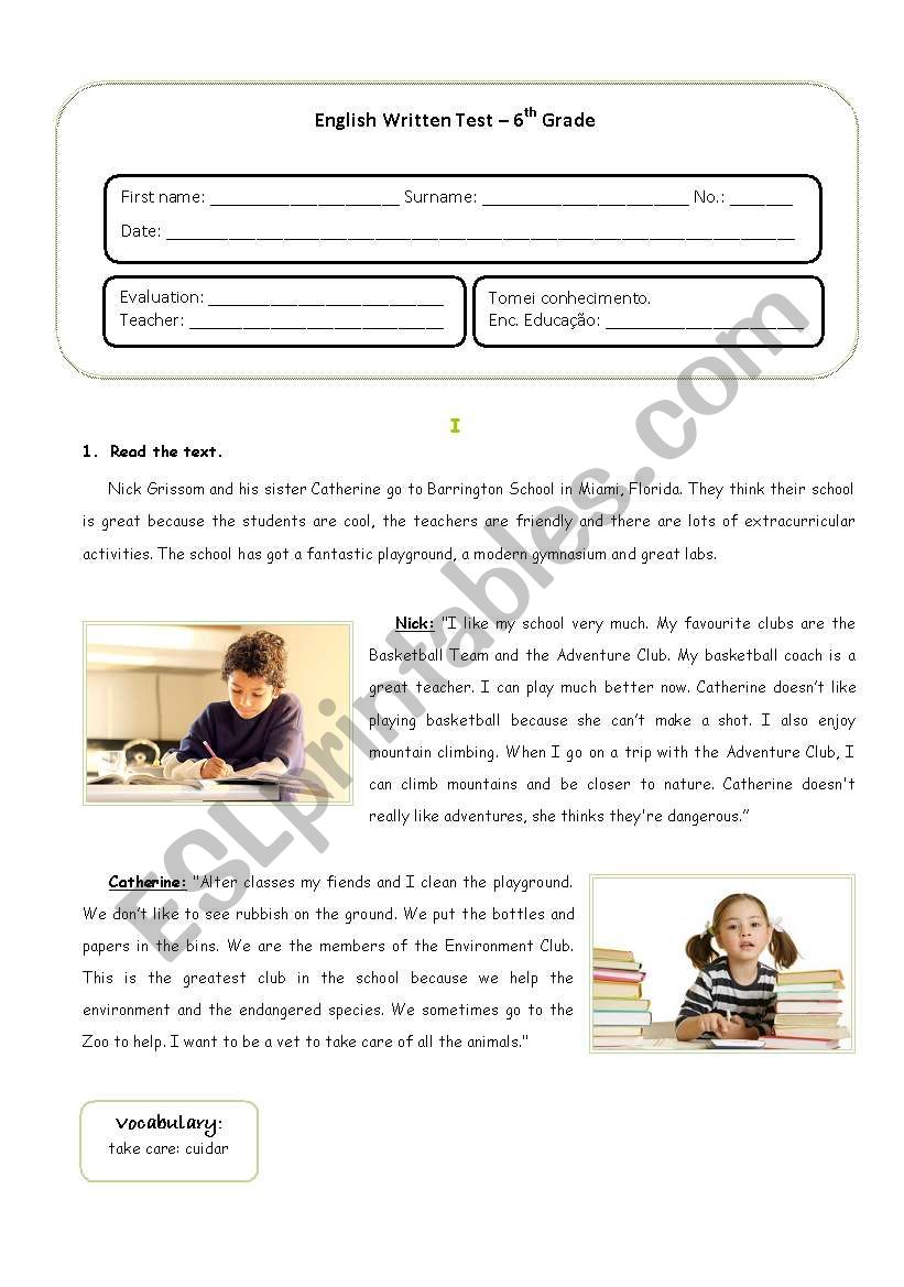 English test about School and Extra-curricular Activities for 6th grades  Portuguese Students (With answer key included)