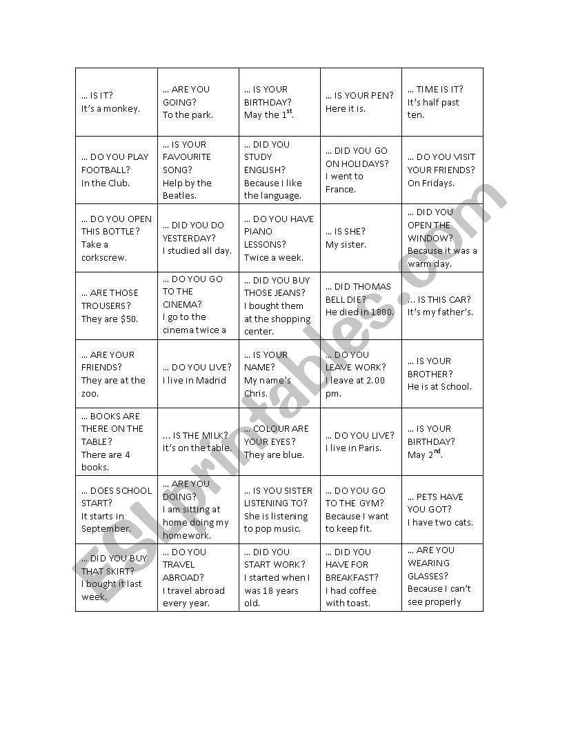 QUESTIONS GAME worksheet