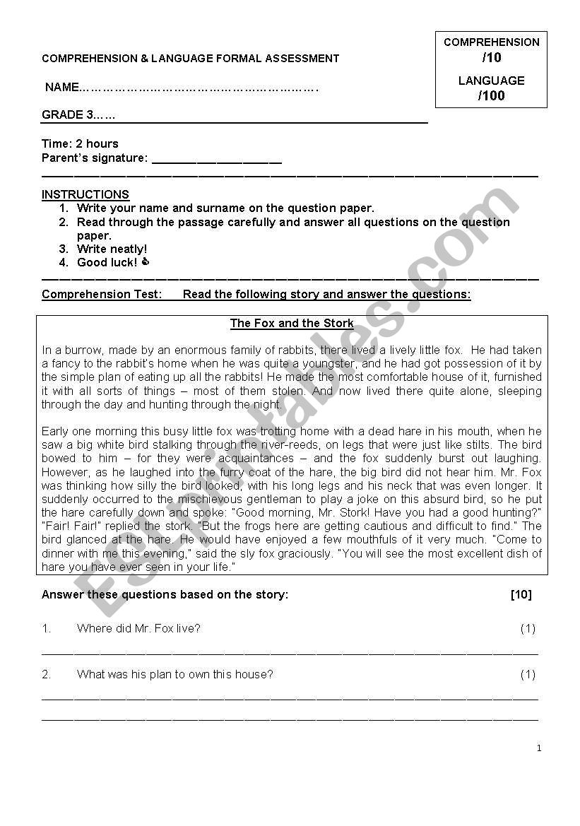 Formal Language Assessment worksheet