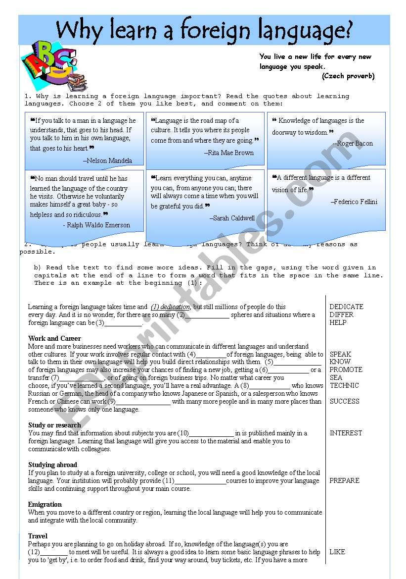 WHY LEARN A FOREIGN LANGUAGE worksheet