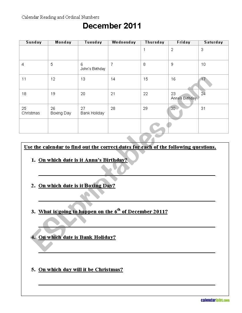 Calender worrksheet worksheet