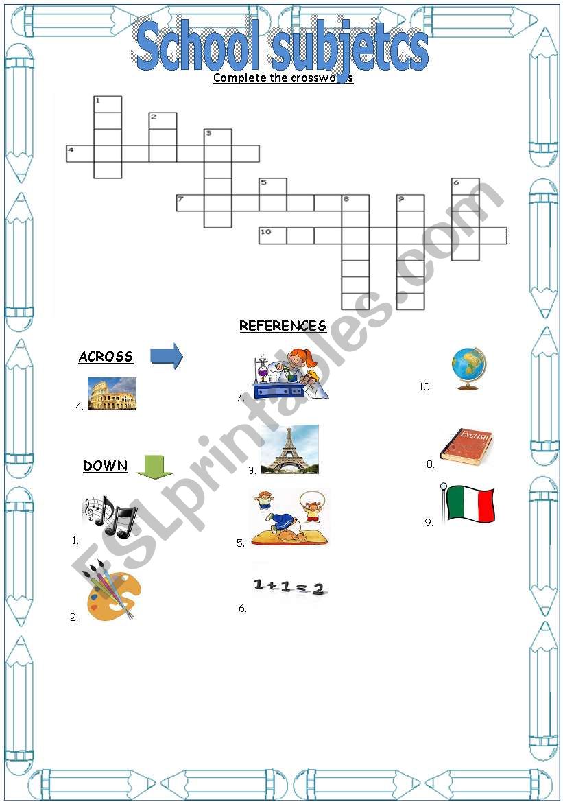 School subjects crosswords worksheet