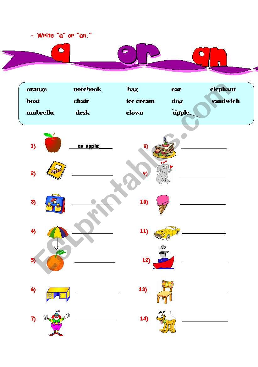 Determiners( a-an)   worksheet