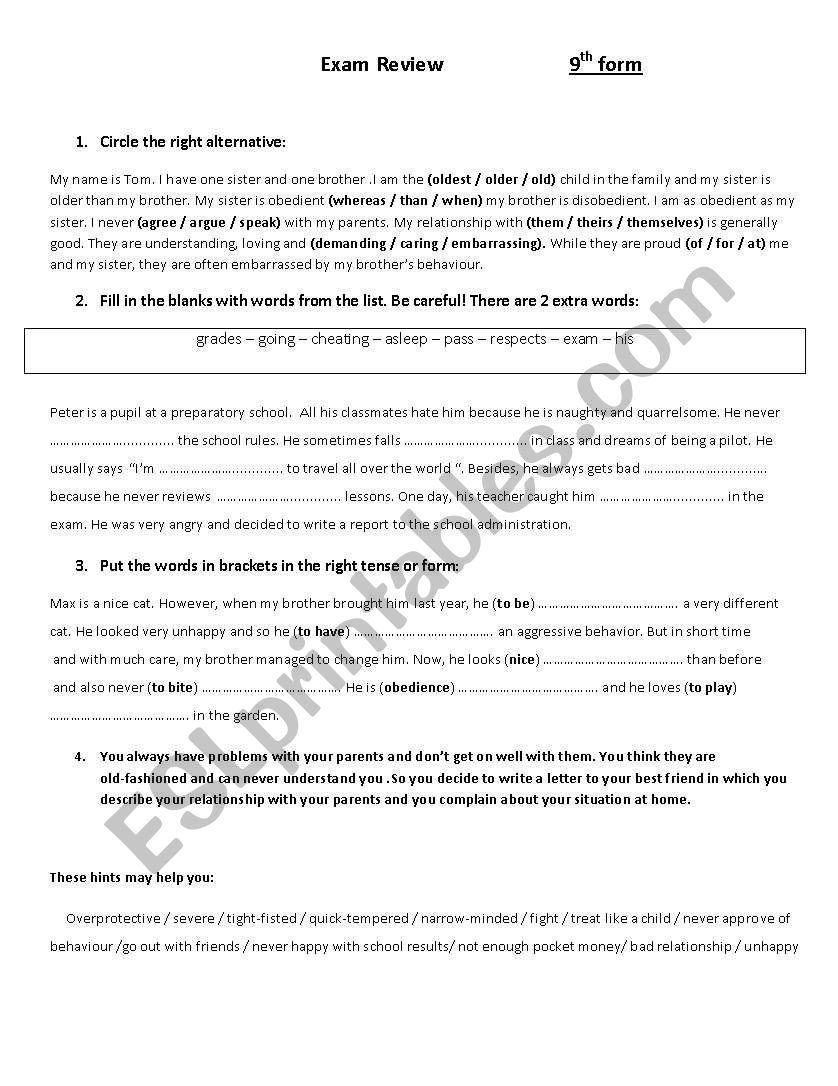 Exam Review (9th form worksheet)