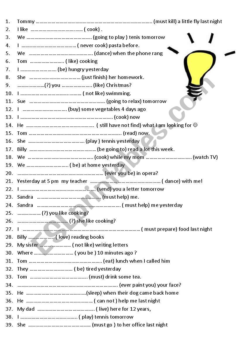 7 pages / 285 sentences revision mix tenses elementary / pre intermediate