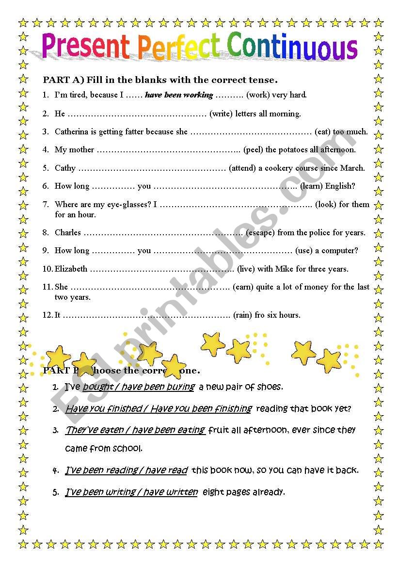 Worksheet On Present Perfect Continuous Tense For Class 8