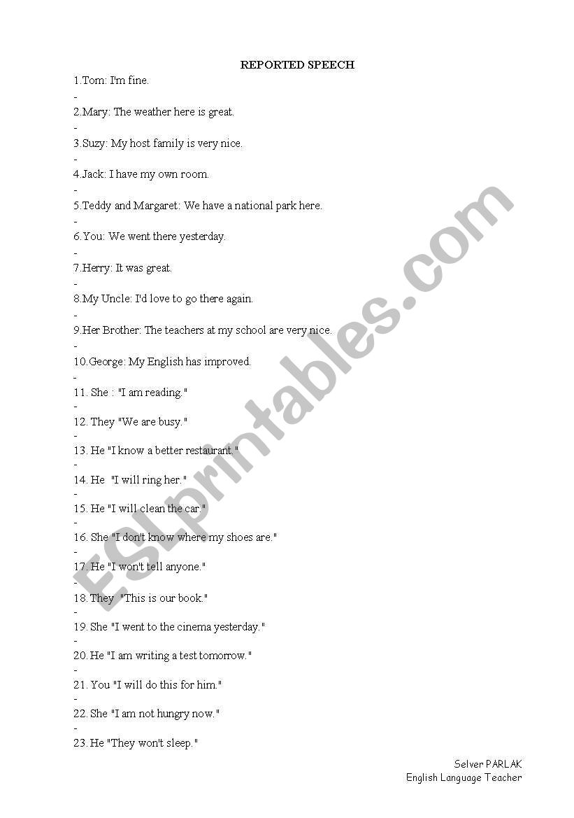 reported speech exercises worksheet