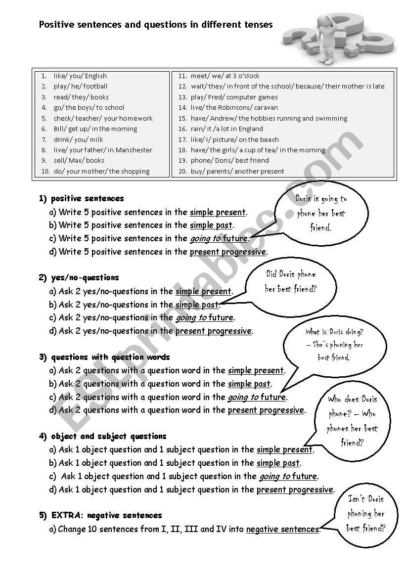 positive sentences and questions in different tenses