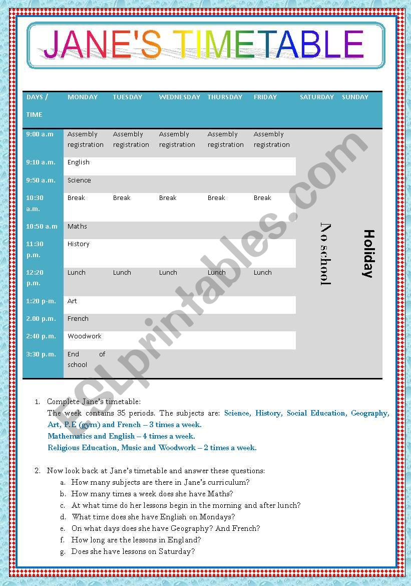JANEÂ´S TIMETABLE worksheet