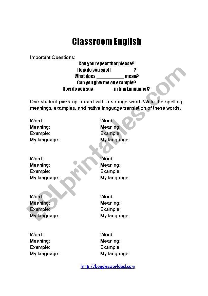 Classroom English worksheet