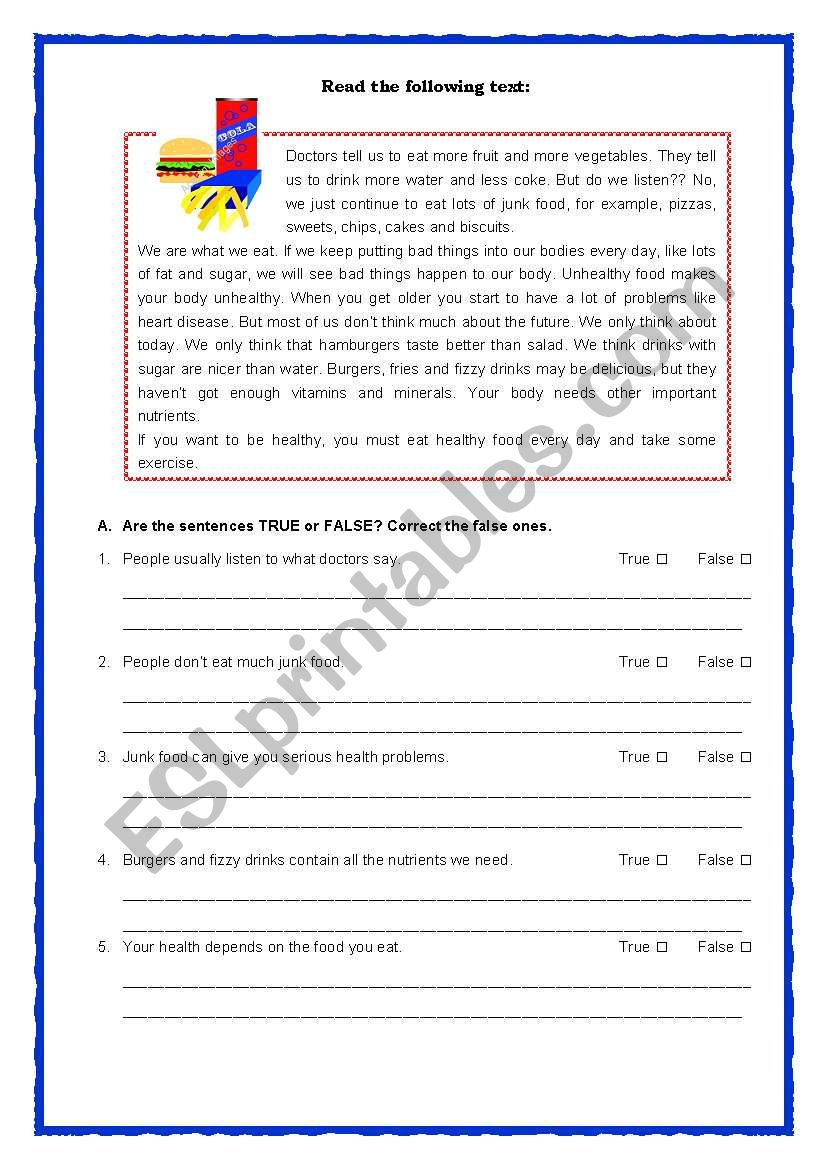 Food and health worksheet