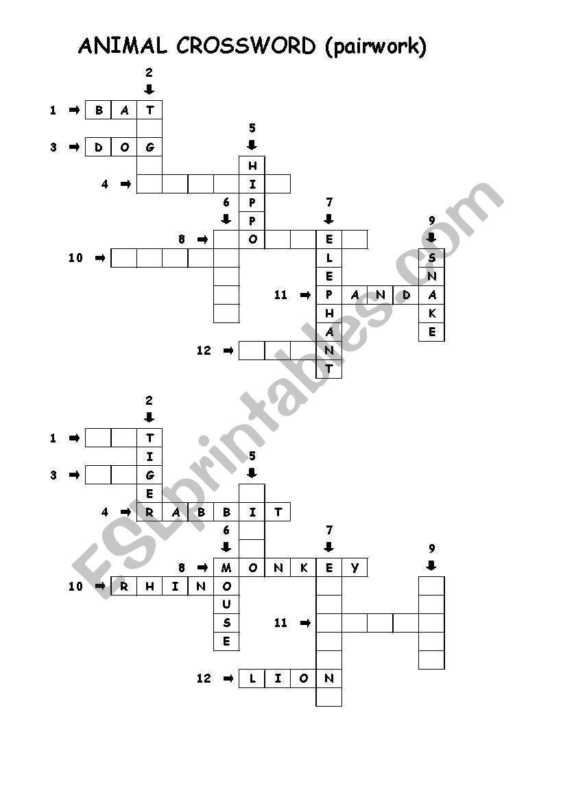 animal crossword worksheet