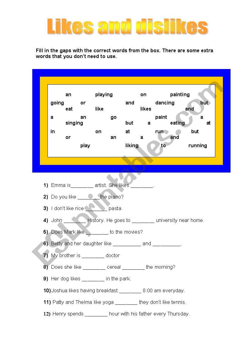 Expressing likes and dislikes worksheet