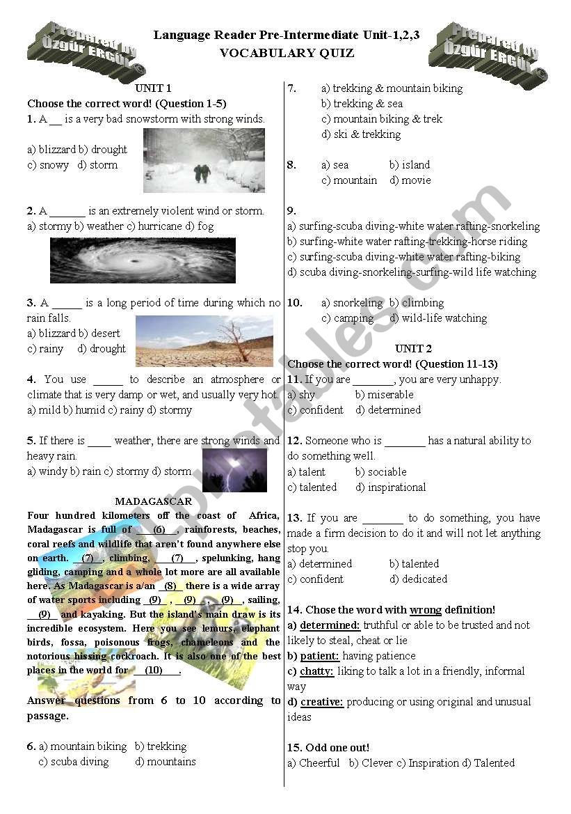 Vocabulary Quiz for Language Reader Pre-Int Unit-1,2,3