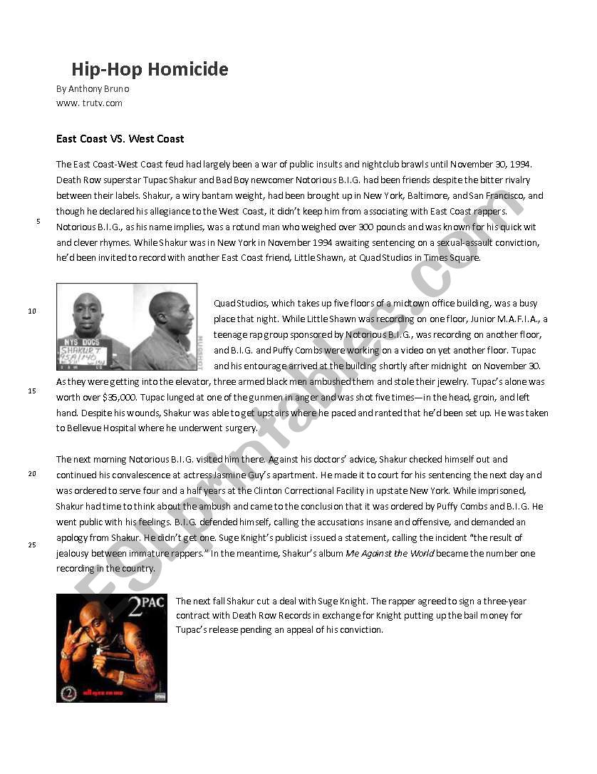 Hip Hop Homicide worksheet