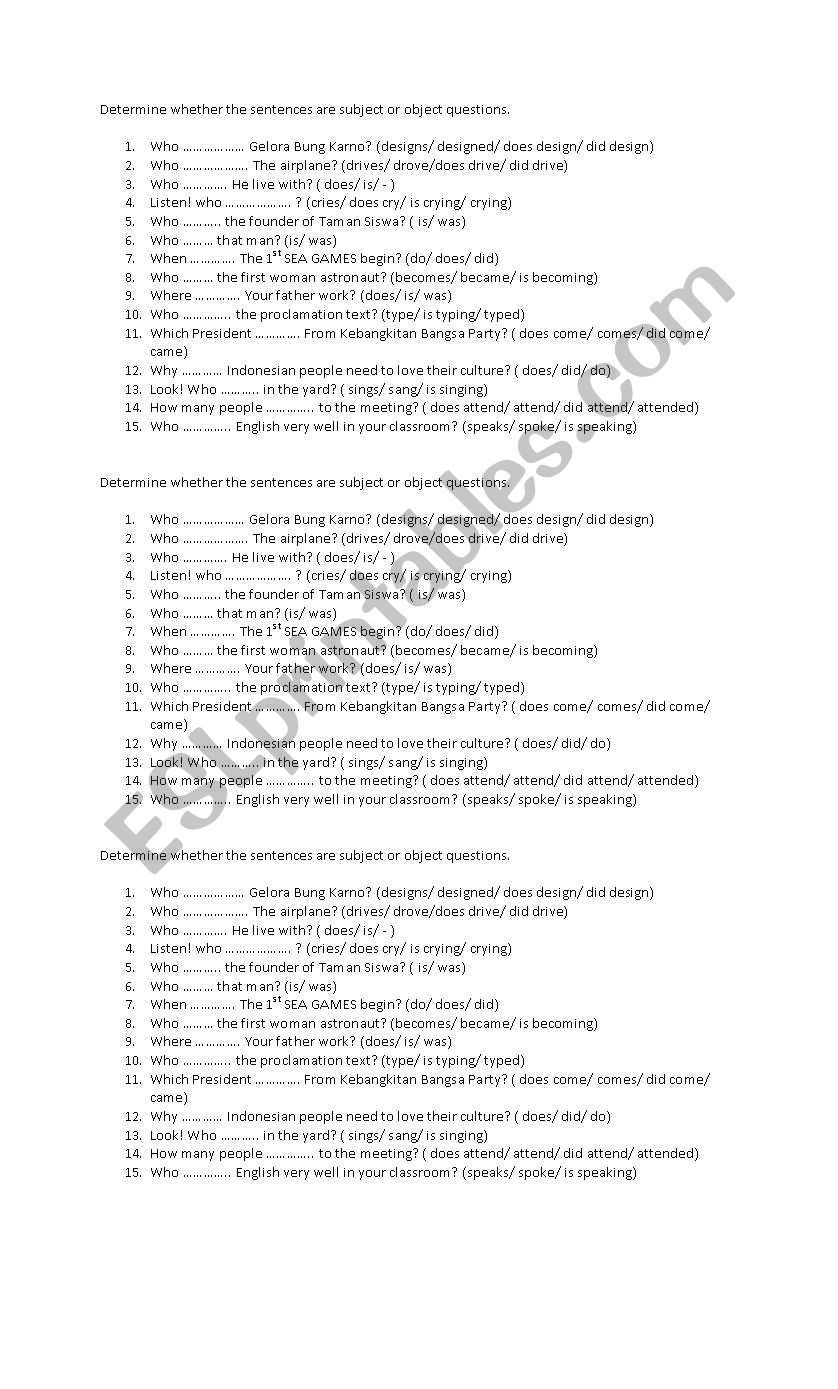 Subject and object questions worksheet