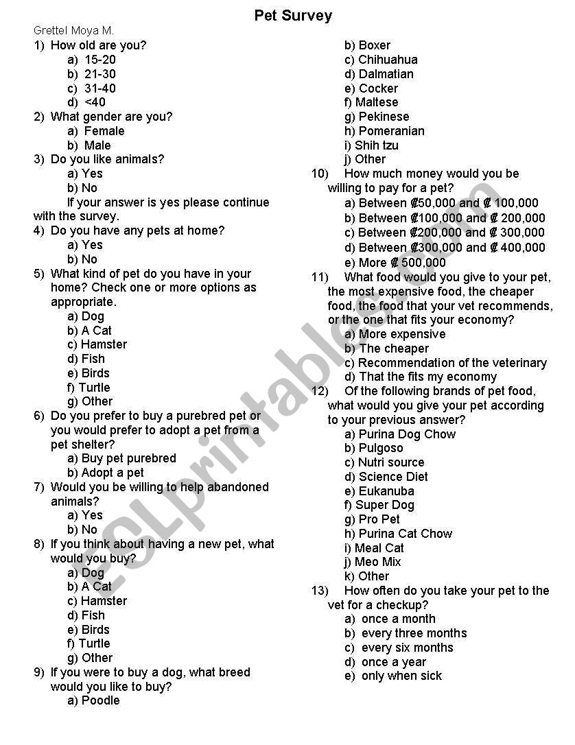 Pets worksheet