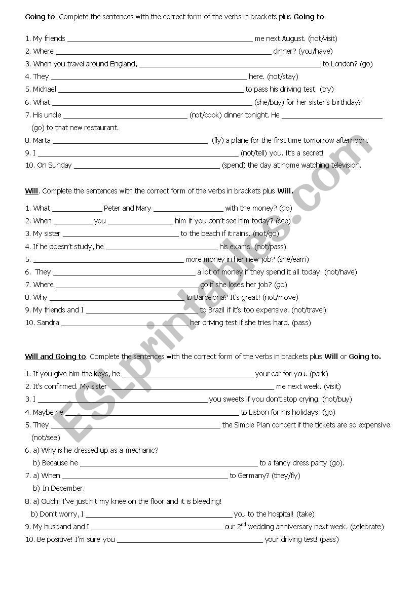 The future will and going to worksheet