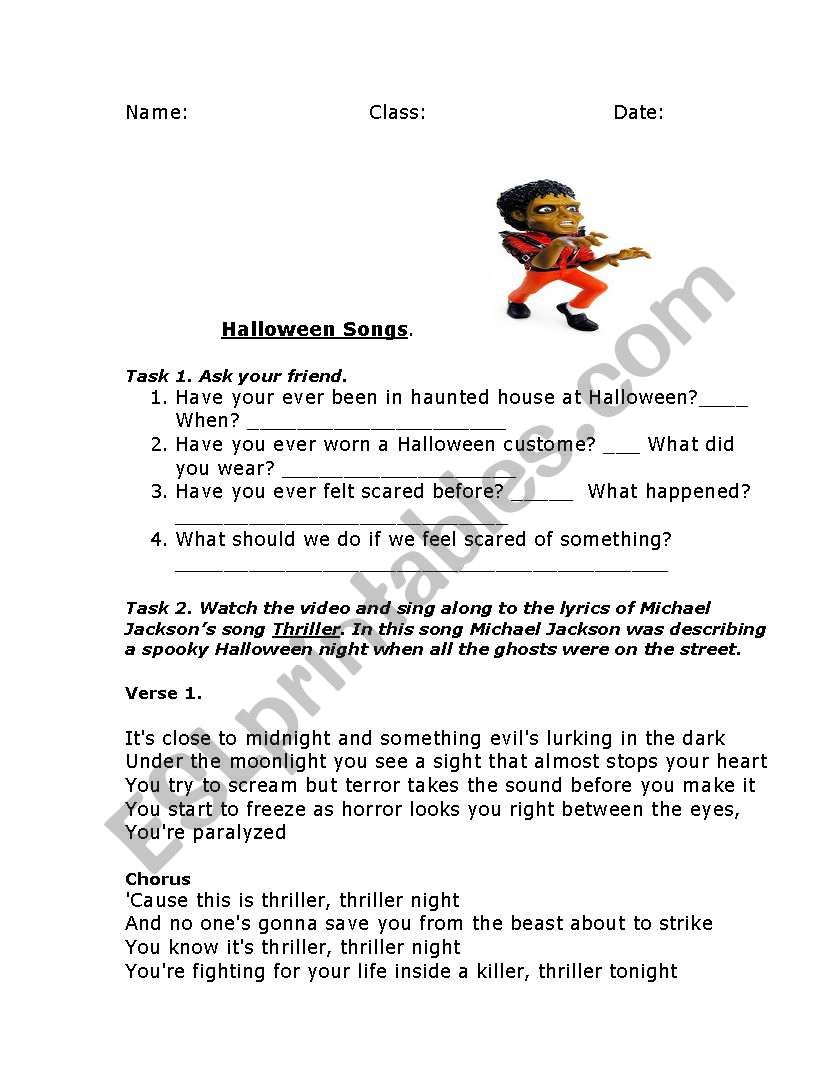 Halloween Thriller song worksheet