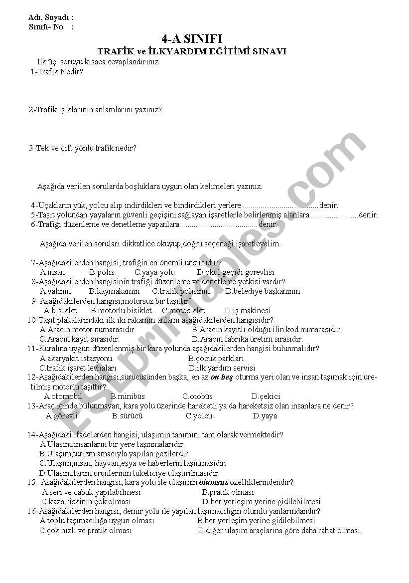 traffic worksheet