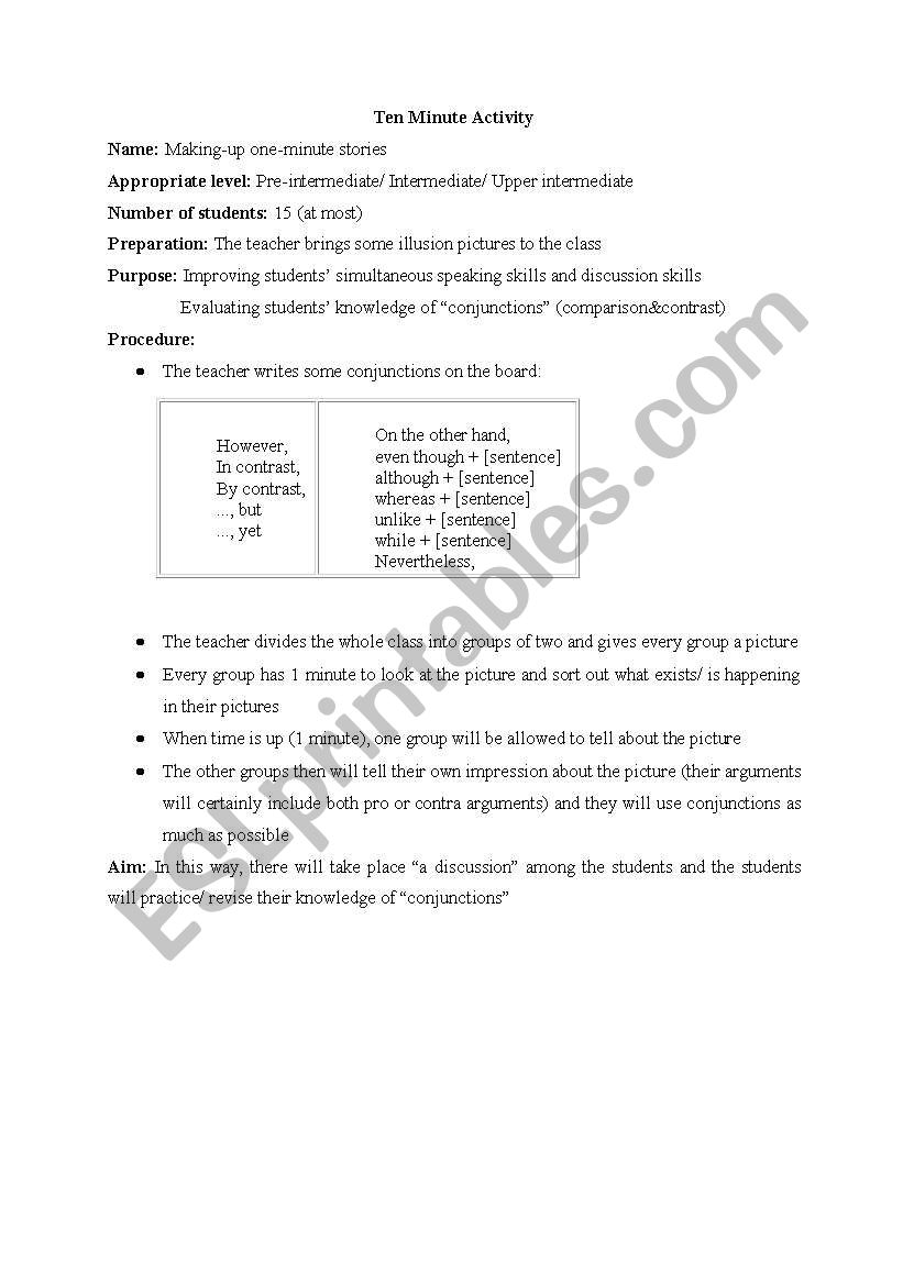 ten minute activity worksheet