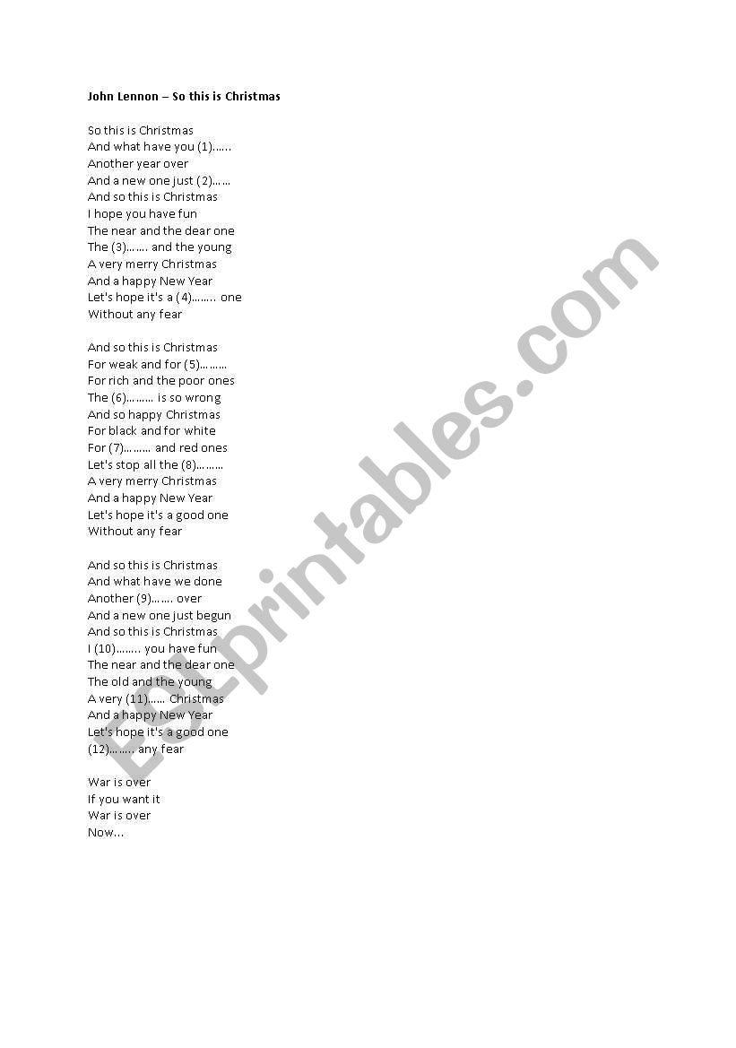 Christmas John Lennon song worksheet