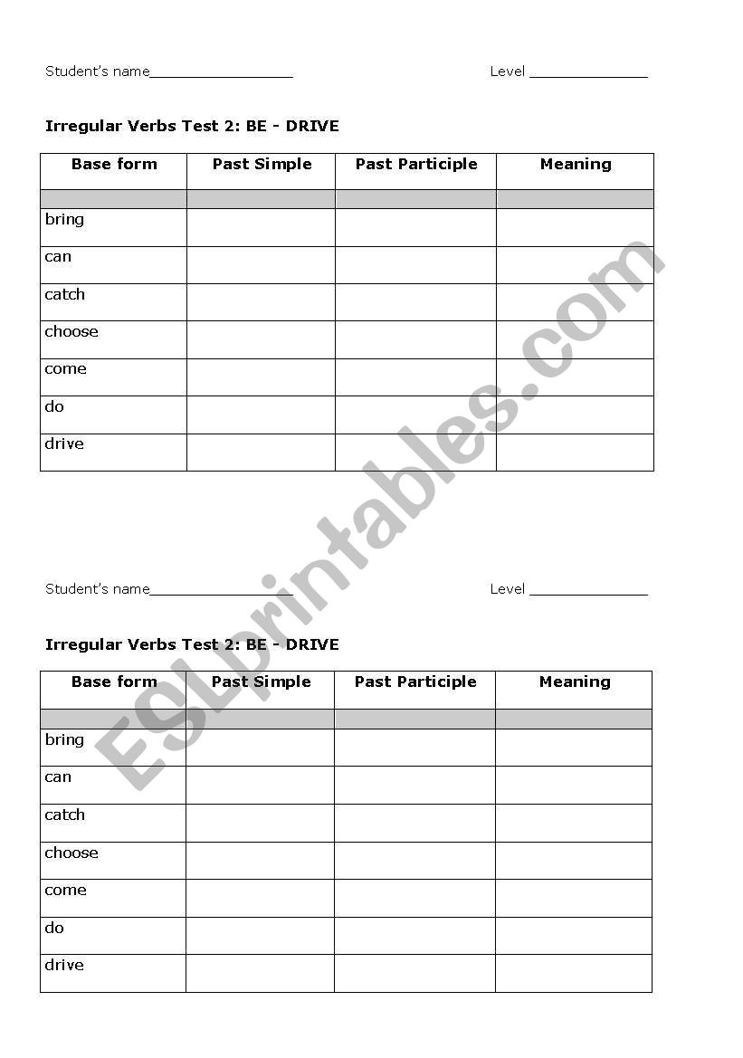 Irregular verbs test 2: BE-DRIVE