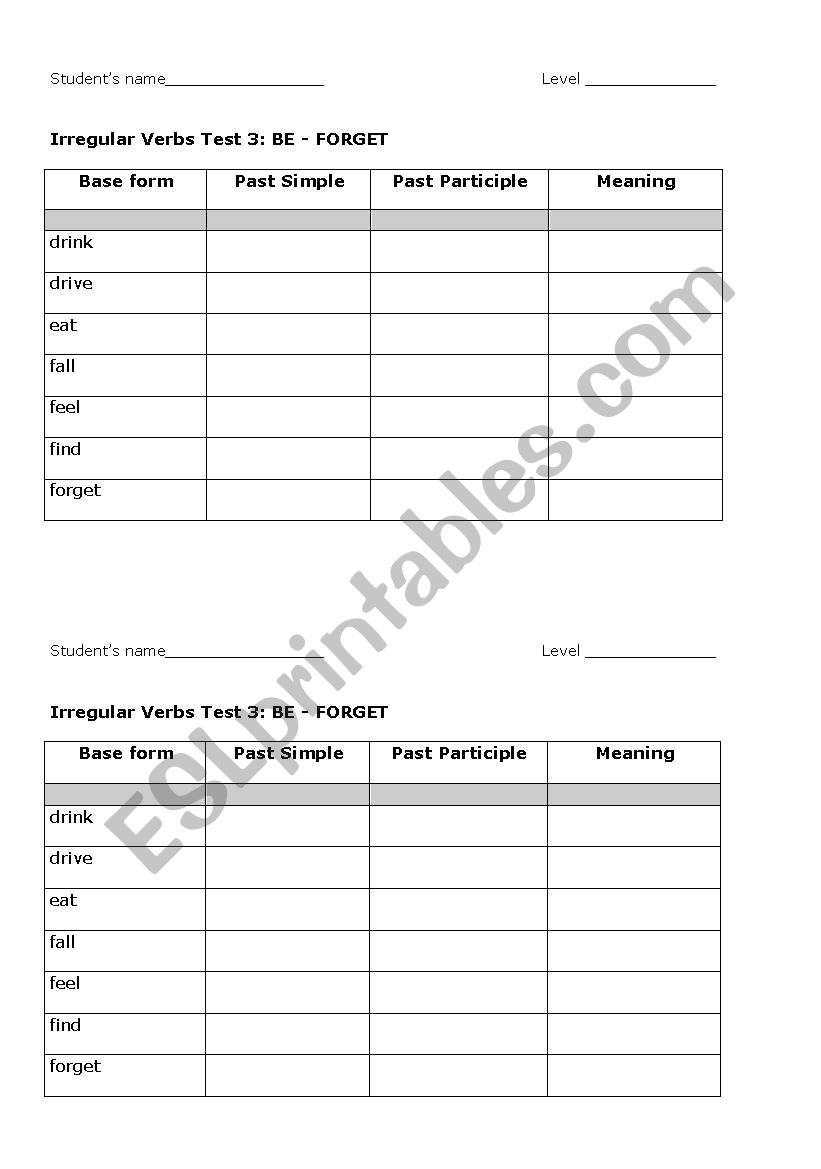 Irregular verbs test 3: BE-FORGET