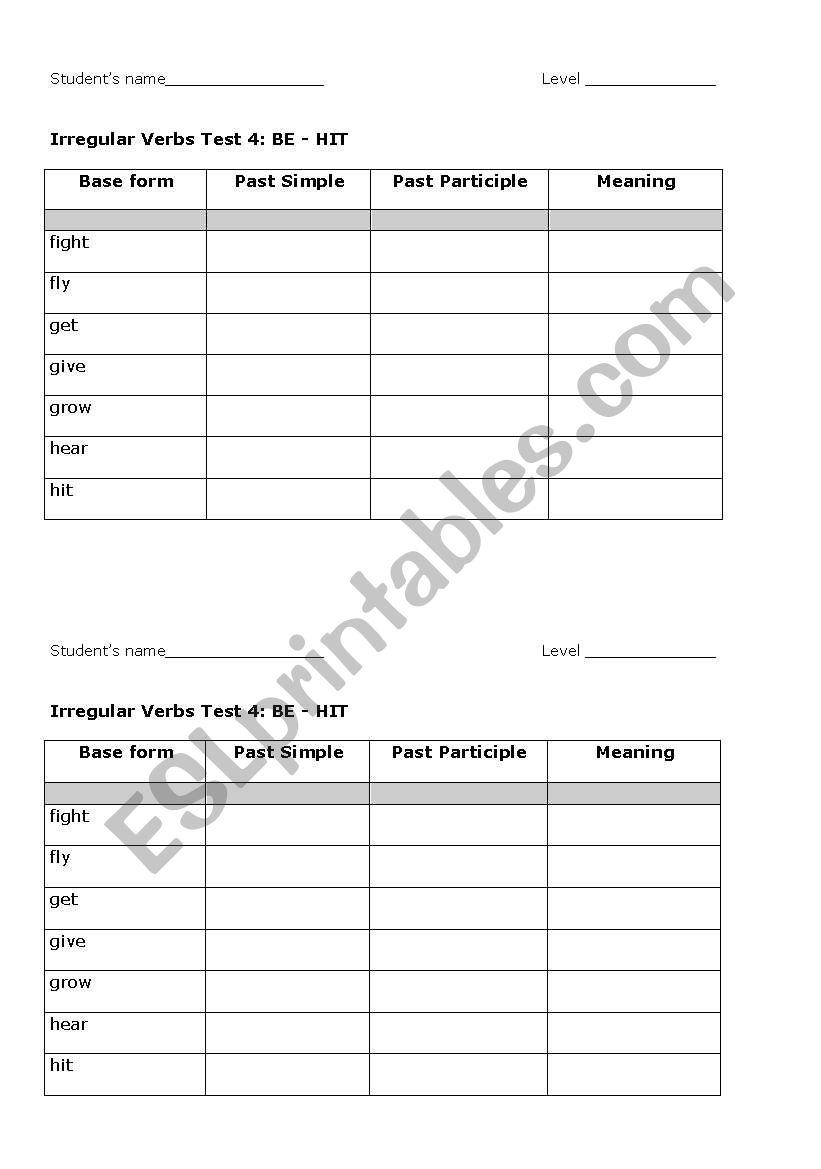 Irregular verbs test 4: BE-HIT