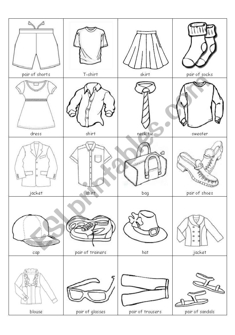 Clothes set 1 B&W Small Cards worksheet