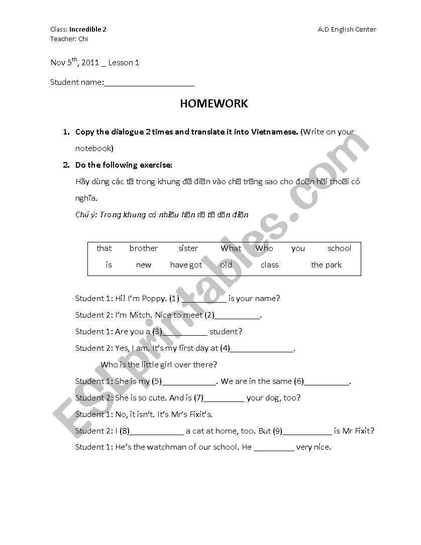 Homework, gap fill worksheet