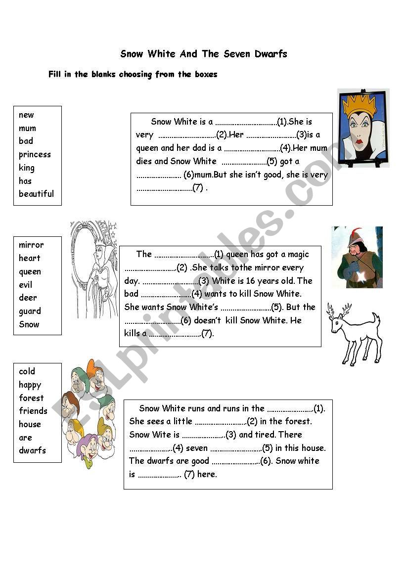 A reading worksheet for vocabulary exercise about Snow White and the Seven Dwarfs